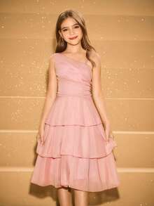 Tween Girl Elegant Dusty Pink Multi-Tier Hem Mid-Length Formal Dress,Asymmetric Shoulder Strap Summer Graduation Dress For Evening Party,Prom,Wedding - Pink - View 4