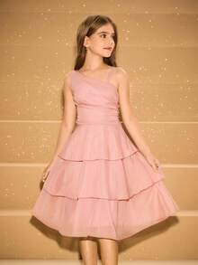 Tween Girl Elegant Dusty Pink Multi-Tier Hem Mid-Length Formal Dress,Asymmetric Shoulder Strap Summer Graduation Dress For Evening Party,Prom,Wedding - Pink - View 5