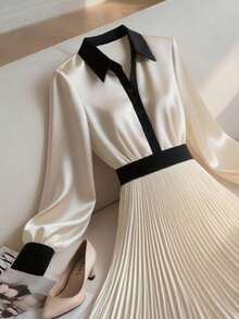 Franclia Women's Fashionable Elegant Color Block Waist Cinched Long Dress