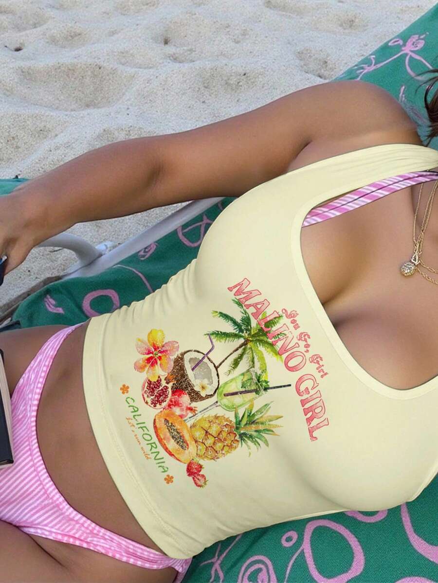 SHEIN EZwear 女式休闲修身水果印花细肩带吊带背心，夏季 Y2K 性感风格