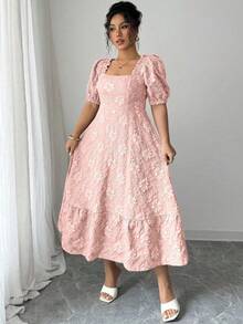 Elenzga Vestido diario y de fiesta elegante de manga abullonada con ajuste ceñido y vuelo para mujer talla grande, elaborado con tela jacquard con estampado de margaritas