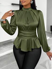 SOLERSUN 女式休闲高领荷叶边腰缎面衬衫荷叶边上衣 - 橄欖綠 - 查看 5