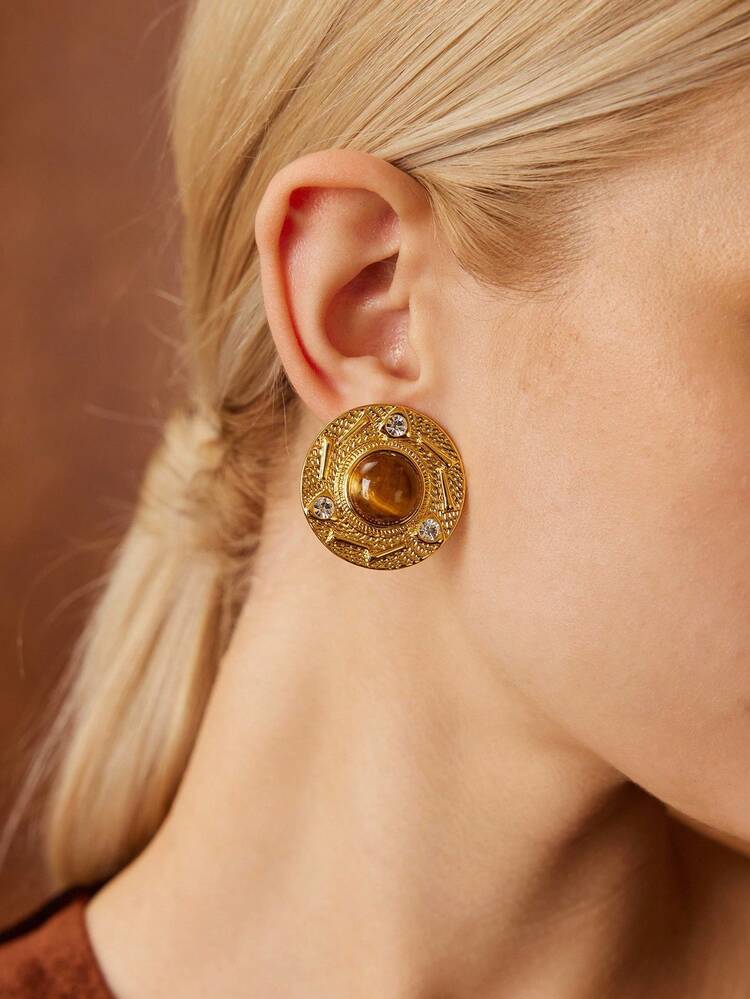 LUXURY EMBELLISHED ROUND TIGER EYE CLIP-ON EARRINGS