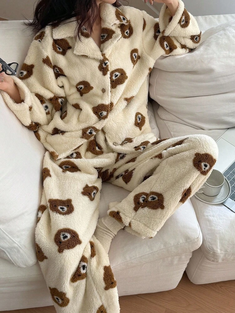 Women's Bear Pattern Plush Loose Pajama Set, Winter, Fall Clothes Thermal Lined, Fluffy, Cozy