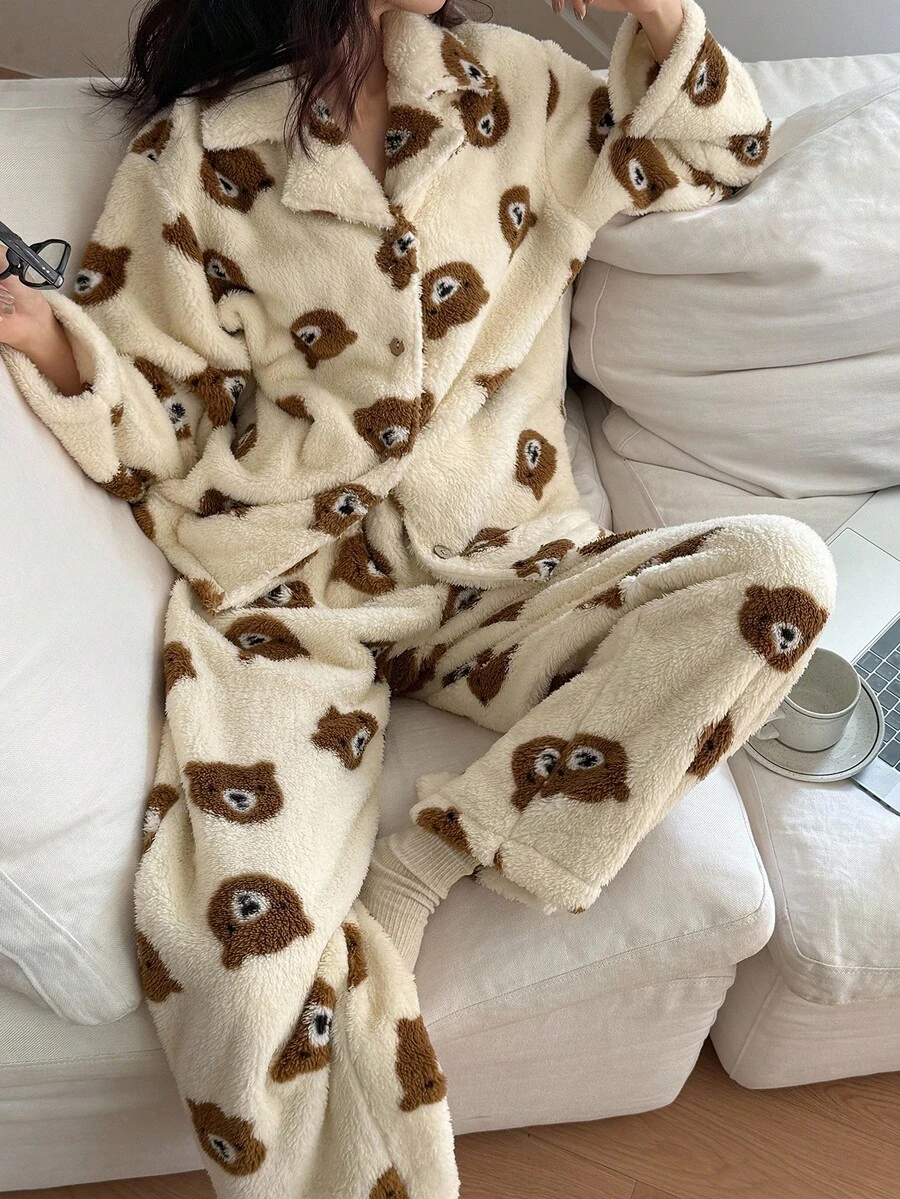 DAZY Women's Bear Pattern Plush Loose Pajama Set, Winter, Fall Clothes Thermal Lined, Fluffy, Cozy - Apricot - View 1