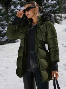EURMUSE Padded Coat With Furry Hood And Adjustable Waist, Two Side Pockets, Thick And Fashionable Puffer Jacket, Quilting Details - Army Green - View 7