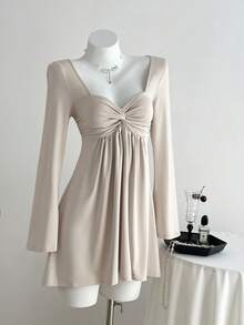 Elamini 女式休闲百搭新款扭结V领长袖紧身连衣裙，秋季 - 杏色 - 查看 1