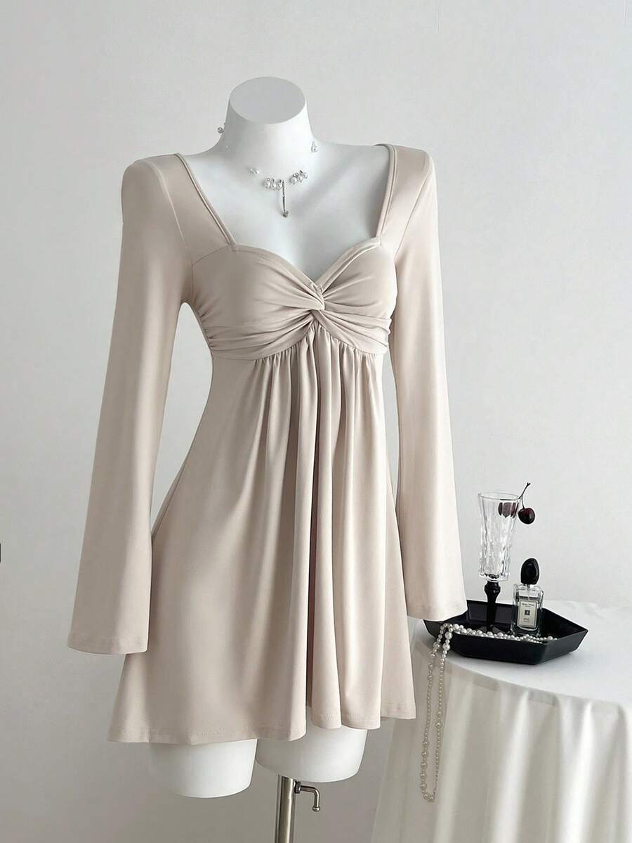 Elamini 女式休闲百搭新款扭结V领长袖紧身连衣裙，秋季 - 杏色 - 查看 1