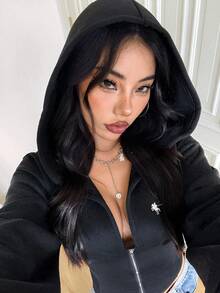 SHEIN EZwear 女士休闲简约刺绣Logo卫衣，适合秋冬季节，拉链款 - 黑色 - 查看 6