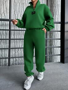 SHEIN Cottnline Cotton Letter Patched Drop Shoulder Half Zip Sweatshirt & Sweatpants - Green - View 4