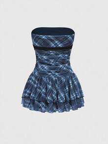 ROMWE J-Fashion 女式复古甜美格子印花荷叶边下摆露肩迷你连衣裙 - 藍色 - 查看 2
