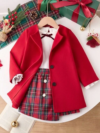 Sparklyn 秋冬新款时尚可爱休闲女童套装：长袖夹克上衣、白衬衫和格子裙