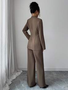 Elenzga Women's Elegant & Sophisticated Autumn/Winter Office Commute 2 Pieces Suit Set: Long Sleeve Blazer Jacket With Metal Decor + Wide Leg Pants, Deep Brown - Brown - View 2