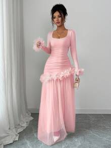 Elenzga 女士畅销新款浪漫法式修身花卉蕾丝边优雅中长连衣裙，长袖 - 粉色 - 查看 5