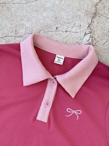 少女玫瑰红和粉色休闲个性撞色领罗纹针织纽扣修身连衣裙，夏季连衣裙，蝴蝶刺绣粉色连衣裙学院风连衣裙 T 恤连衣裙 Polo 衫连衣裙粉色 Polo 衫连衣裙