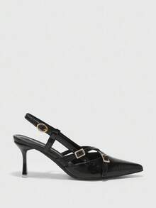 CUCCOO BIZCHIC Women's Pointed Toe Metal Rhinestone Buckle High Heel Pumps - Black - View 2