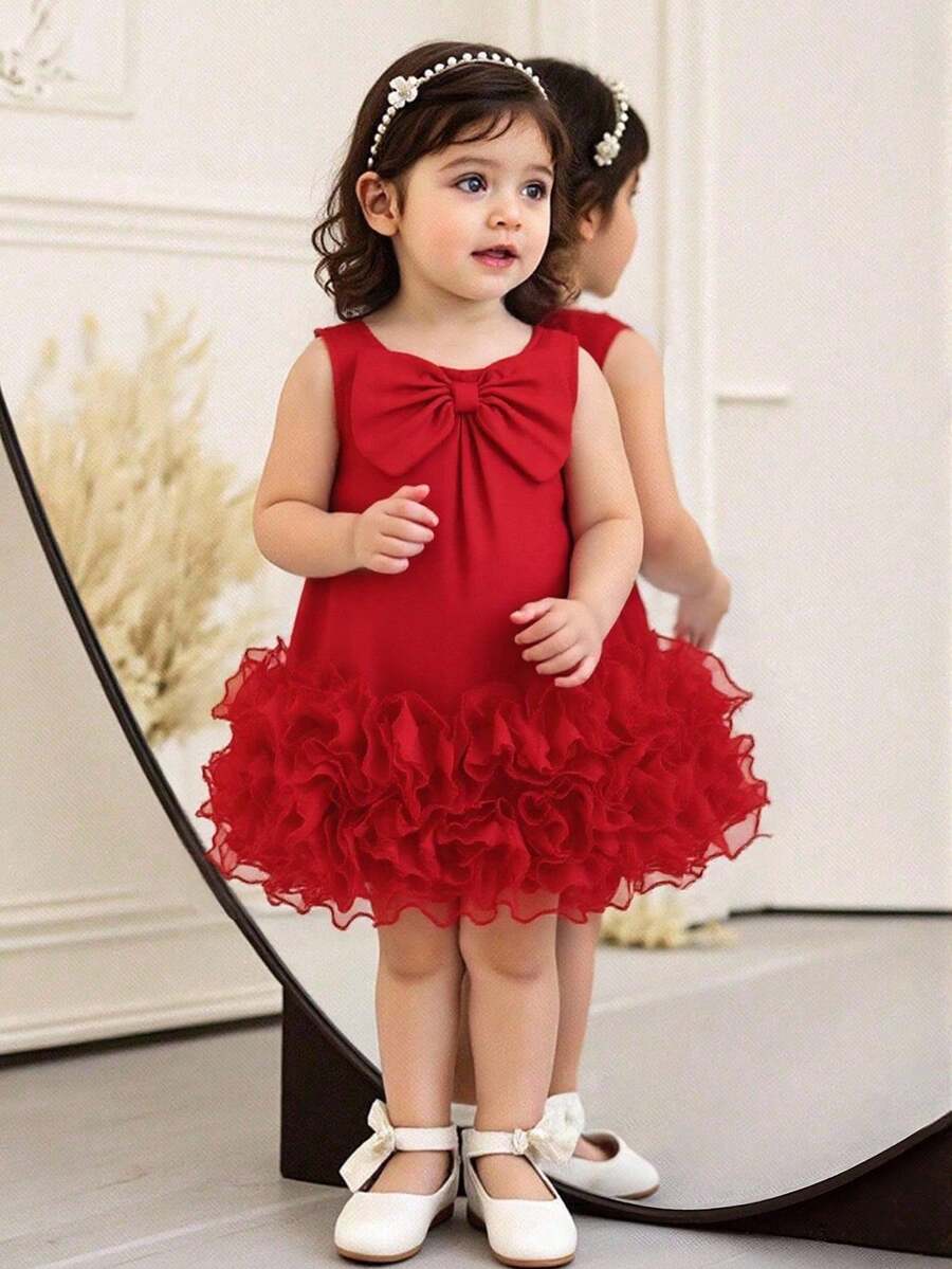 Elladie kids Vestido elegante sin mangas para niñas bebé con decoración de lazo y volantes en el bajo de malla, para primavera/verano - Rojo - Ver 1