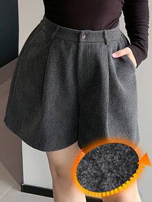DAZY 大码女式纯色加厚羊毛混纺休闲短裤，秋冬款 - 深灰色 - 查看 2
