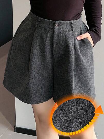 Dazy Plus Plus Size Women Solid Color Thick Wool Blend Casual Shorts, Autumn/Winter