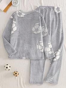 Teenage (Boys) Pajama Set, Long Sleeve Sweatshirt And Pants, Fleece Fabric, Pullover Style, Casual, Football Pattern Teen Pajamas Set