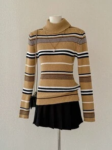 SHEIN Unity 女式简约时尚卡其色条纹长袖高领修身针织毛衣，秋冬 - 卡其色 - 查看 1