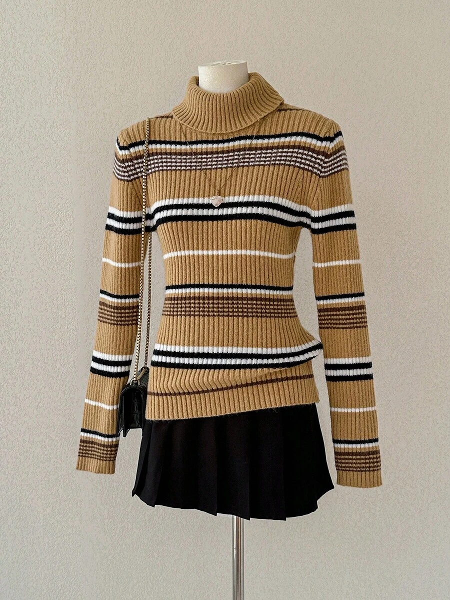 SHEIN Unity 女式简约时尚卡其色条纹长袖高领修身针织毛衣，秋冬 - 卡其色 - 查看 1