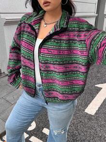 SHEIN EZwear 大码女式休闲拉链短款夹克，秋冬多色可选 - 淡紫色 - 查看 1