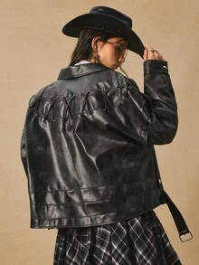 Easelle 复古游牧风格镂空宽松水洗做旧设计女式常规外套西部风女式短款皮衣女式皮衣摇滚女式西部风秋冬装 - 深灰色 - 查看 5