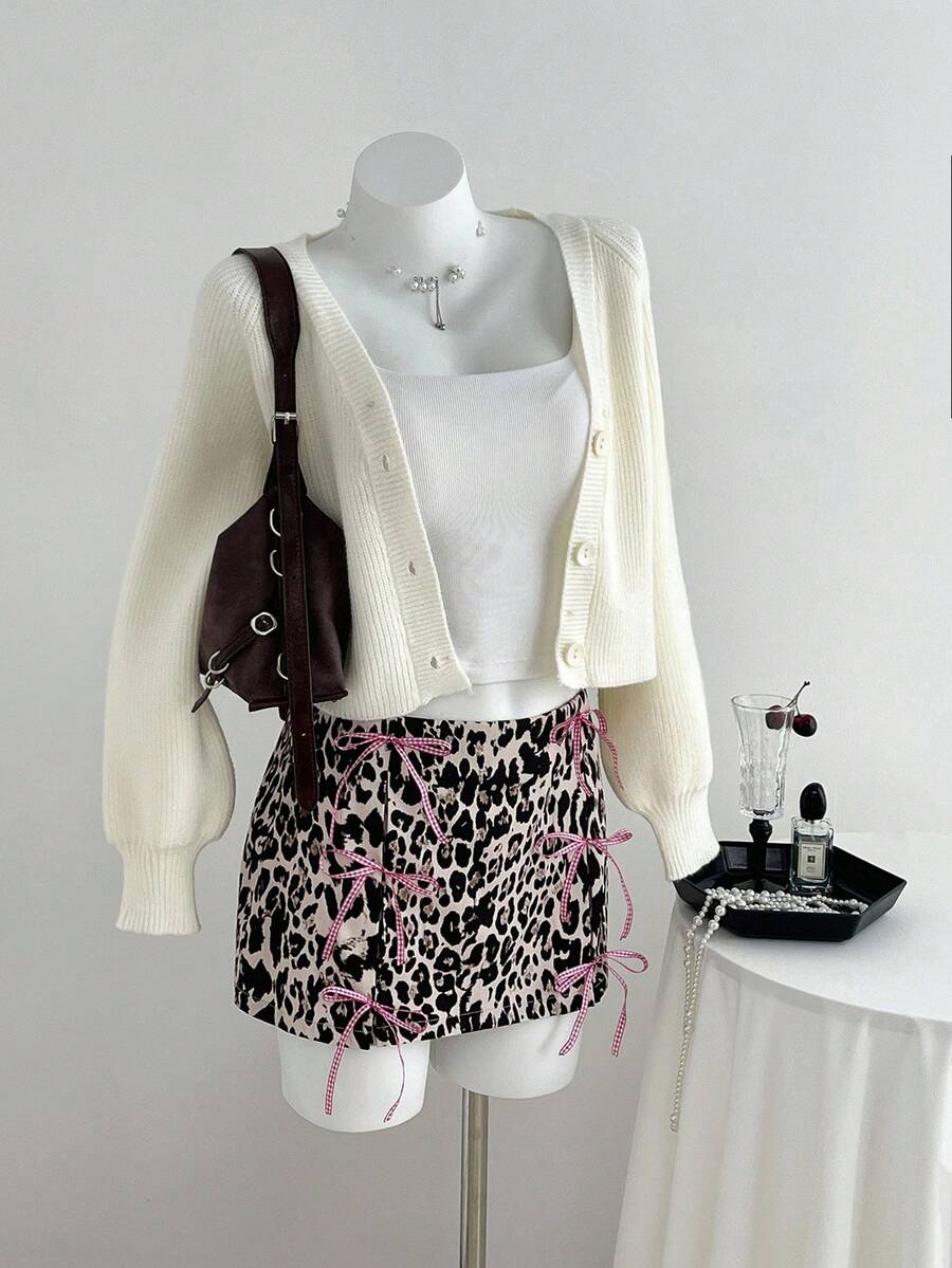 SHEIN Unity 1pc Women's Leopard Print Mini Skirt, Colorful Party, Christmas, Valentine's Day, Contrast Bow Decor, Bodycon Fit, Fashion Party Skirt - Multicolor - View 1