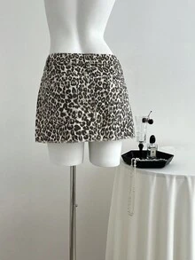 Elamini Women's Street Style Leopard Print Raw Edge Washed Denim Mini Skirt