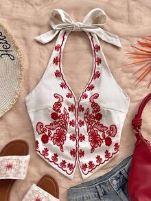 Soleia Áo crop top hở lưng thêu hoa màu đen họa tiết quả mơ, thích hợp cho lễ hội âm nhạc - Màu be - Xem 5