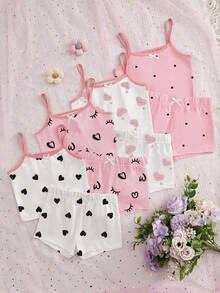 8pcs/Set Young Girls' Pink & White Sweet Heart Lash Print Camisole Bra And Shorts Set - Multicolor - View 4