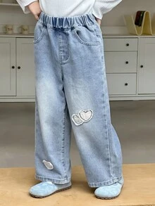 Dazy Kids 女童心形贴花牛仔裤 - 藍色 - 查看 5