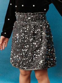 Maija Kids Young Girl Silver Velvet Sequin Casual Elegant Skirt - Silver - View 1