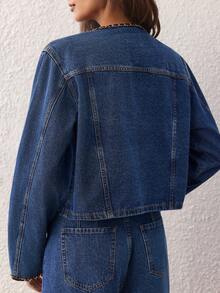 Selenza 女式休闲牛仔夹克，带缎带饰边，长袖，秋季 - 藍色 - 查看 2