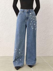 Selenza Women's Fashion Commuter Studded Decoration Wide-Leg Jeans - Blue - View 8