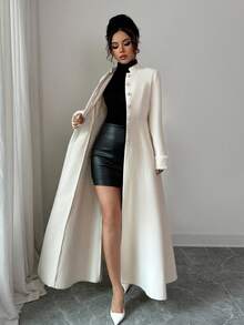 Elenzga New Women's Stand Collar Long Sleeve Faux Rabbit Fur Cuff Splice Open Front Design Waist A-Line Casual Daily Versatile Young Elegant Lady Long Coat, Autumn/Winter Fall Coat For Women - Apricot - View 8