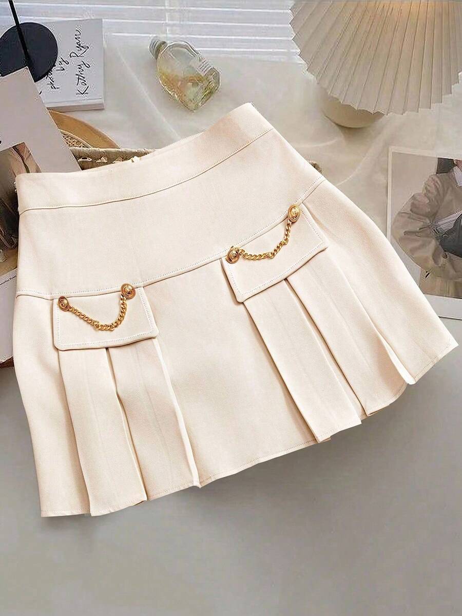 GlowEve Elegant Ruched Chain Detail Mini Skirt - Apricot - View 1