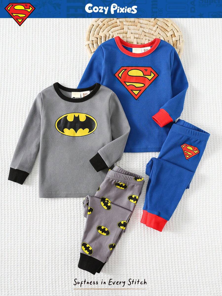 SUPERMAN X Cozy Pixies 4pcs Baby Boy Cartoon Print Soft Knit Crew Neck Long Sleeve Top And Elastic Waist Long Pants Snug Fit Pajama Set, Suitable For Autumn/Winter Boys  Pajamas Fall - Grey - View 1