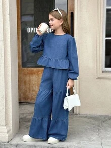 Serisse Kids 2 件/套青少年女孩纯色水洗休闲优雅牛仔圆领长袖蝴蝶结露背宽松上衣和阔腿裤，背心和裤子牛仔两件套，Ted 口袋，休闲学院风舒适时尚简约实用百搭柔软面料，女孩秋冬装返校返校装，秋季服装，街头服饰，哥特裤，宽松牛仔裤 - 中等水洗藍 - 查看 4