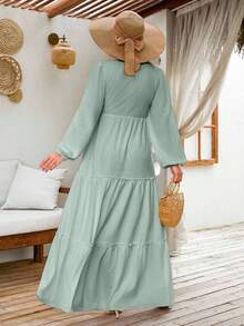 EURMUSE LANTERN LONG SLEEVE LAYERED LONG DRESS - Mist Green - View 2