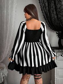 Whyspr Váy dài tay thiết kế ren, váy phồng, váy, nơ, trang trí ruy băng họa tiết sọc đen trắng phong cách Gothic tối màu cho Halloween - Đen và trắng - Xem 2