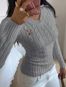 SHEIN EZwear 女式卡通熊刺绣扭纹针织 V 领长袖修身毛衣，秋冬女式毛衣套头衫针织上衣，秋季 - 灰色 - 查看 5