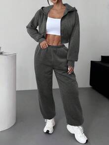 SHEIN EZwear 女款深灰色秋季休閒健身兩件套針織連帽短版拉鍊衛衣，落肩長袖搭配同色長褲 - 深灰色 - 查看 6