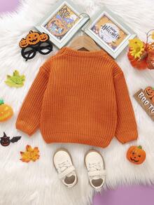 SHEIN Vintaside Kids Baby Girls' Cute Halloween Burnt Orange Sweater With Ghost & Floral Pattern,Autumn Knitted Long Sleeve Pullover,Matching Family Soft Casual Pullover - Coral Orange - View 5