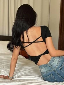 DAZY Women's Summer Backless Criss-Cross Strap Square Neck Short Sleeve Fitted Casual Sexy T-Shirt
