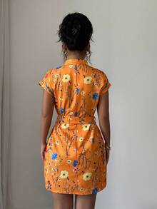 SHEIN LUNE 女式休闲印花腰带短款连衣裙 - 橘色 - 查看 2