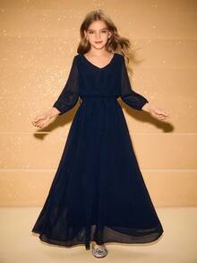 女童雪纺七分袖蝴蝶结连衣裙，适合花童、婚礼、舞会、生日派对、圣诞节、万圣节、返校、毕业典礼 - 藍色 - 查看 1