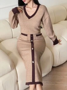 DAZY Women's Casual V-Neck Colorblock Sweater With Pockets & Button Decor + Straight Skirt 2-Piece Set, Autumn