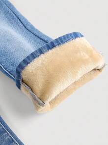 SHEIN 少女可爱蓝色牛仔保暖修身喇叭裤，厚实牛仔喇叭裤，秋冬季 - 中等水洗藍 - 查看 3